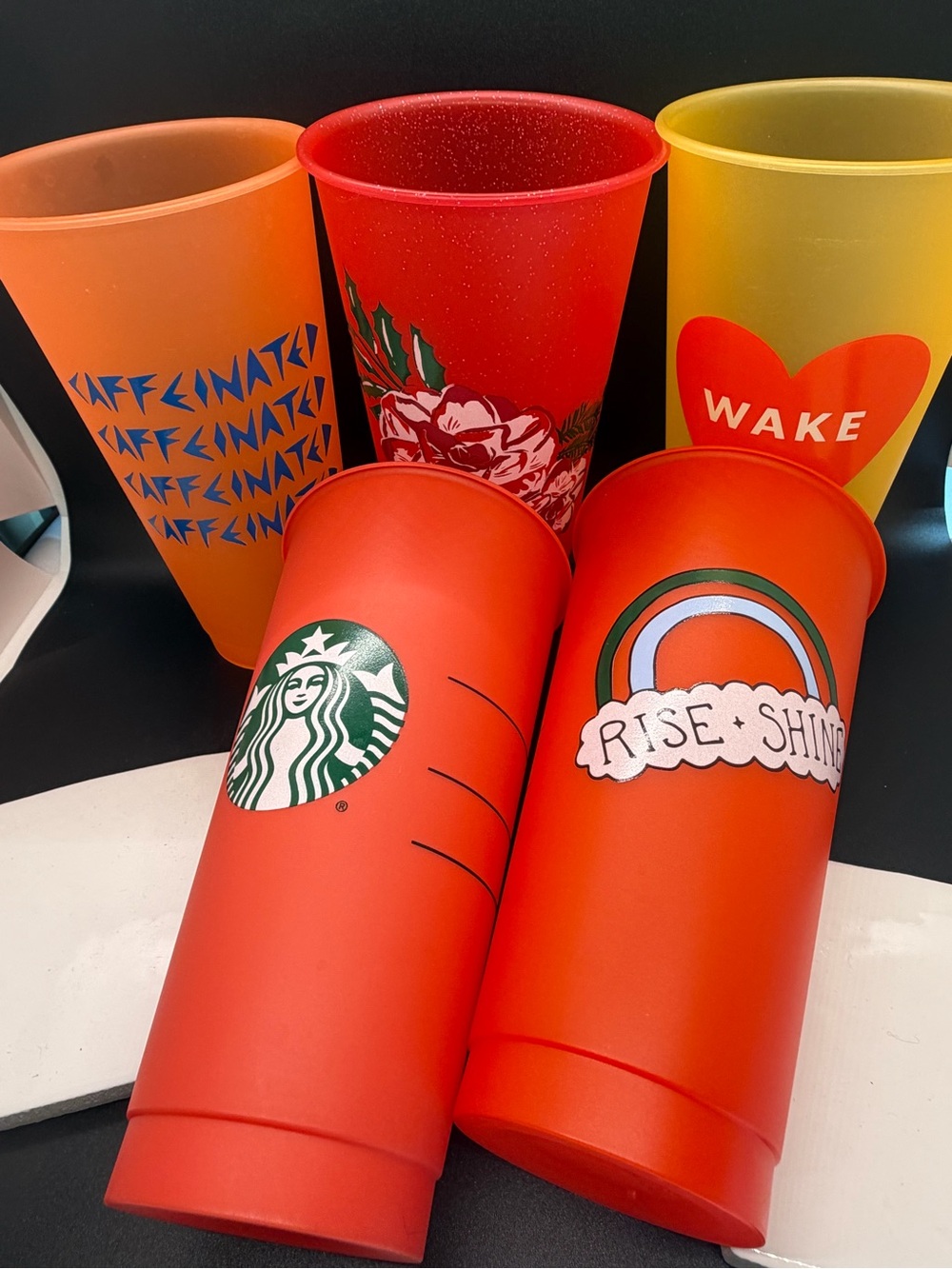 Starbucks Reusable Plastic Cups Lot of 5 Holiday Floral Rise Shine Wake Up Retro